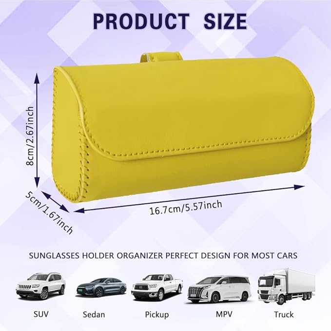 Sunglasses Holder for Car Sun Visor, Sunglass Organizer for Car, Magnetic Leather Eyeglasses Protective Storage Case, Waterproof Glasses Organizer Visor Accessories for Vehicles (Yellow)