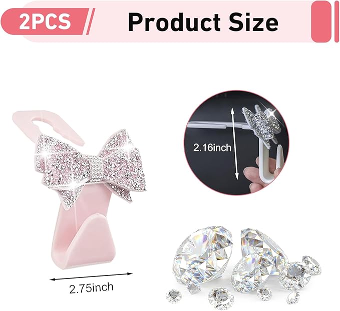 2 PCS Car Headrest Hooks, Cute Bowknot Auto Seat Back Hangers for Purses Bags Coats, Bling Rhinestone Interior Storage Organizer Hooks, Universal for Cars SUVs Trucks (Pink)