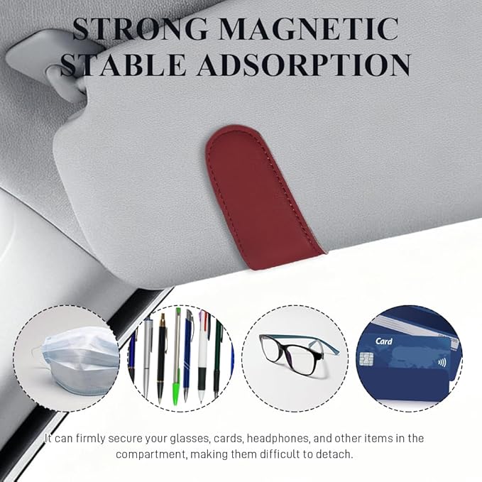 Magnetic Sunglass Holder for Car Visor, Sunglasses Visor Clip, Magnetic Leather Vehicle Glasses Ticket Card Clip, Automotive Eyeglass Hanger Organizer Accessories for Most Vehicles (Wine Red)