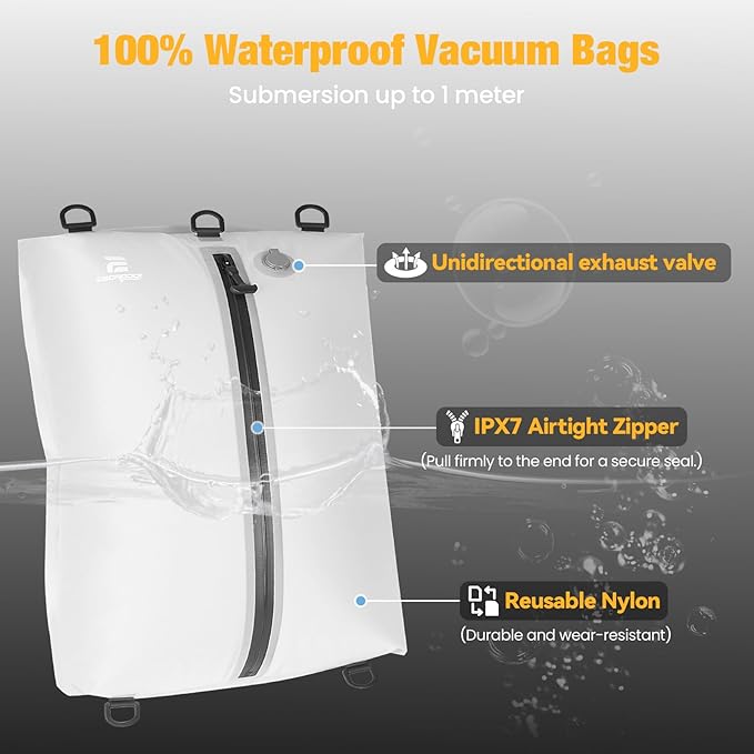 3 Pack Vacuum Bags for Travel with Pump, 3-Size Set Reusable Vacuum Compression Bags for Luggage, Space Saver IP67 Waterproof Vacuum Packing Cubes for Suitcase&Backpack, White