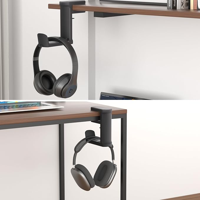 Headphone Hook - Adjustable Clamp-on Headphone Holder, Under Desk Gaming Headset Holder Mount Hook with Rotating Clamp (Black)