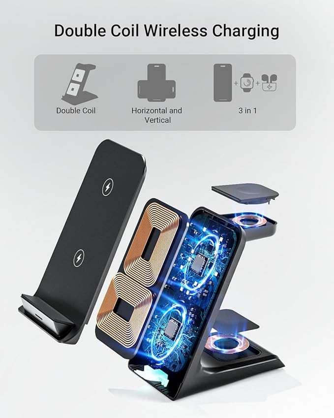 Wireless Charger for Thick Cases of 10MM/Otterbox/Heavy Duty, 3 in 1 Charging Dock for iPhone 17 16 15 14 Pro Max, Phone Stand Charging Station for Multiple Devices for Apple Watch/AirPods