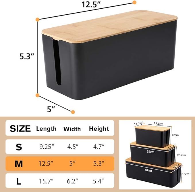 PowerKing Cable Management Boxes Organizer, Bamboo Lid, Large Storage Wires Keeper Holder for Desk, TV, Computer, USB Hub, System to Cover and Hide & Power Strips & Cords (Luxury Black)