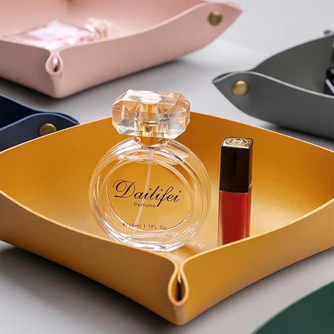 Valet Tray, Leather Tray, Small Catchall Tray, Foldable Jewelry Travel Organizer, Suitable for Travel, Storage, Nightstand, Home or Office (Yellow-S)