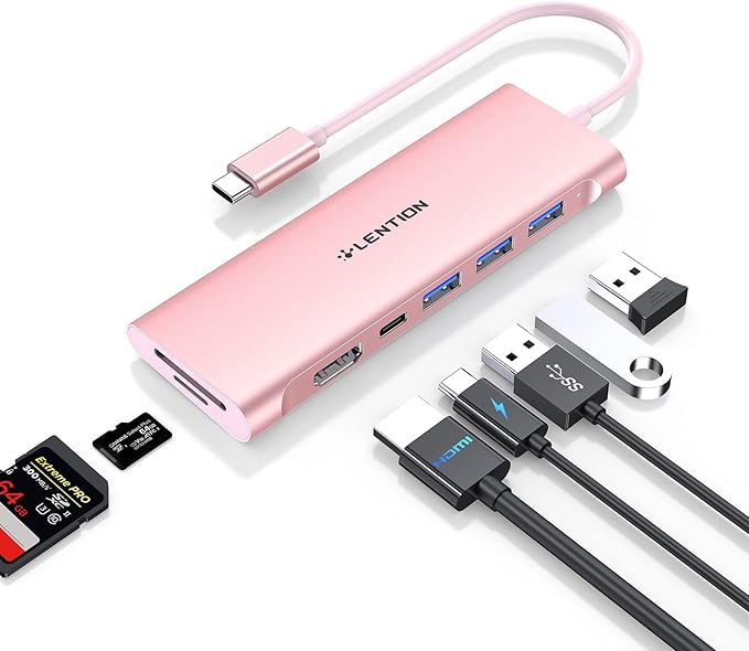 LENTION 7-in-1 USB C Multiport Hub with 4K HDMI, 100W PD, 3 USB 3.0 Ports, SD/MicroSD Card Reader Compatible MacBook Pro/Air 2016-2025 Stable Driver Adapter (CB-C36B, Rose Gold)