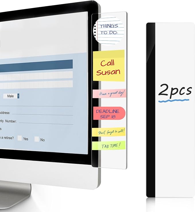 DOLLAR BOSS 2 Pcs 11" x 3.1" Transparent Acrylic Monitor Memo Board | Monitor Side Panel, Computer Screen Note Holder, Office Desk Accessories, Message Board for Sticky Notes, Fits PC & Laptop