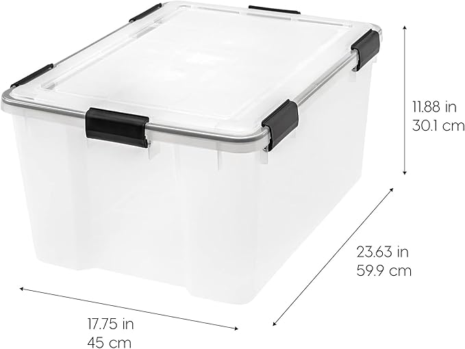 IRIS USA WeatherPro 63 Qt Storage Bins with Lids, 4 Pack, BPA-Free Plastic Gasket Box with Tight Latch and Seal, Stackable Nestable Tote Tub - Clear/Black
