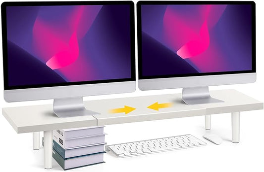 Dual-Monitor-Stand-Riser-For-Desk Adjustable Length 32-40 Inch，Large Desktop Computer Monitor Riser For 2 Screens，Desk Shelf Organizer Riser Stand For Computer/Laptop/PC/Printer/TV Black