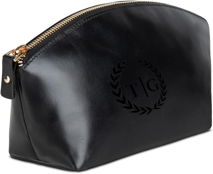 Premium Personalized Genuine Leather Cosmetic Makeup Bag - Wedding Gift for Bridesmaid, Travel Organizer Clutch for Women with Zipper Pouch for Toiletry Essentials (Avanza Black)