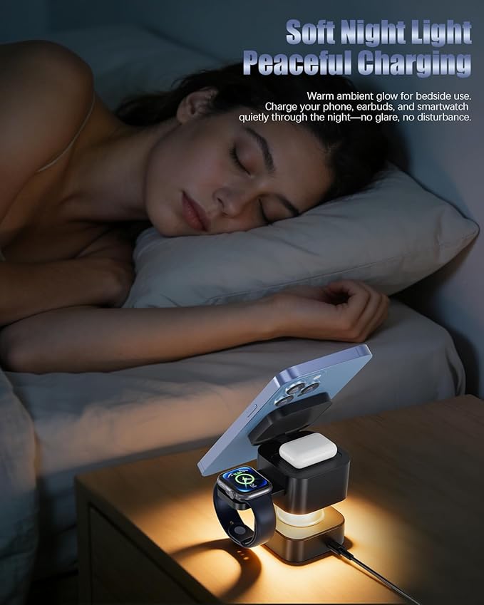 2026 New 4 in 1 Wireless Charging Stand with Night Light Function Compatible with Apple and Android Devices Supports iPhone 17/16/15/14/13/12, Apple Watch Series, AirPods Series, Samsung Galaxy