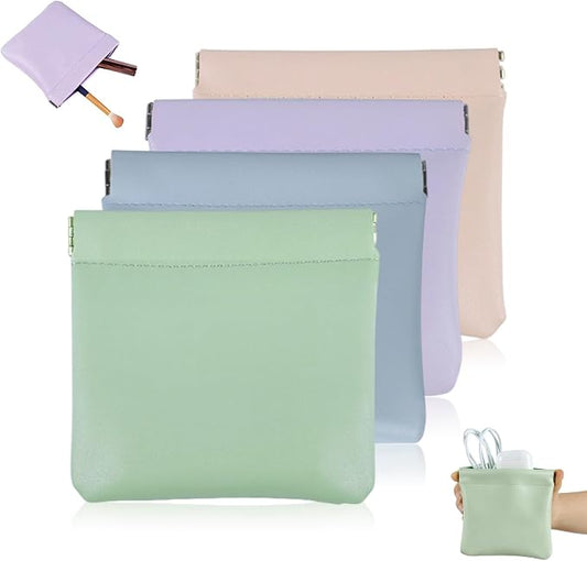 Leather Organizer Pouch, 4PCS Personalized Snap Closure Cosmetic Bags, Mini Waterproof Storage for Purse Jewelry Makeup, Portable Self-Closing Pocket (4.7x4.5in)