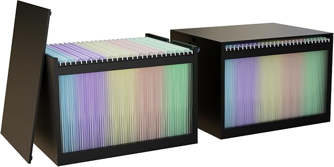 Bamboo Hanging File Boxes with Lids 2 Pack, File Organizer Box for Letter/Legal File, File Box with Hanging Folders Acrylic Light Easy Assembly File Storage Boxes, Black