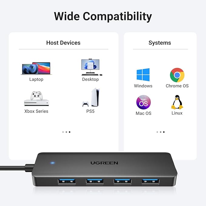 UGREEN USB 3.0 Hub, 4 Ports USB A Splitter Ultra-Slim USB Expander for Mouse, Keyboard, Flash Drive, U Disk, Printer Compatible with Laptop, Desktop PC, Xbox, PS5, and More, 3.3ft