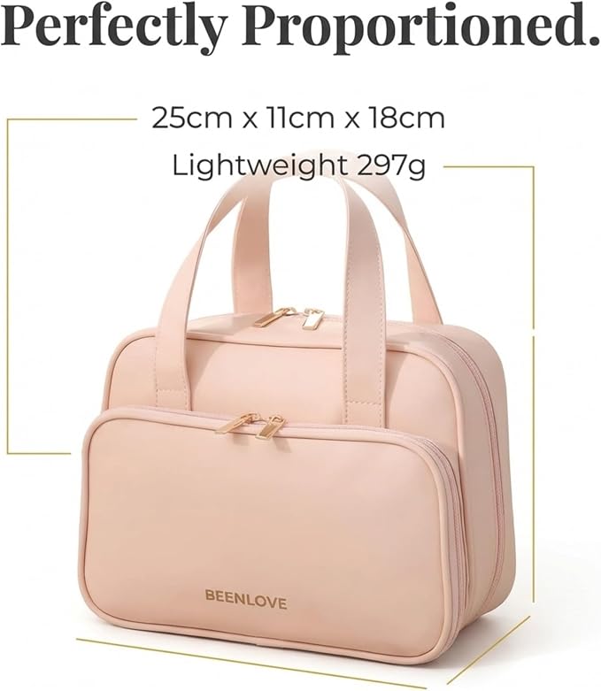 BEENLOVE Travel Makeup Bag for Women - Premium Vegan Leather Cosmetic Case - Large Portable Toiletry Organizer with Handles & Zippers - Water-Resistant Pouch