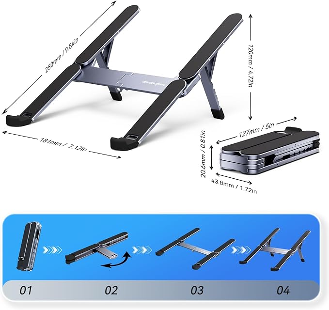 ICE COOREL Portable Laptop Stand, Foldable Laptop Riser for Desk, 6-Level Adjustable Ergonomic Computer Stand, Premium Aluminum Alloy Notebook Holder Compatible with 10-17 Inch Laptops & Tablets