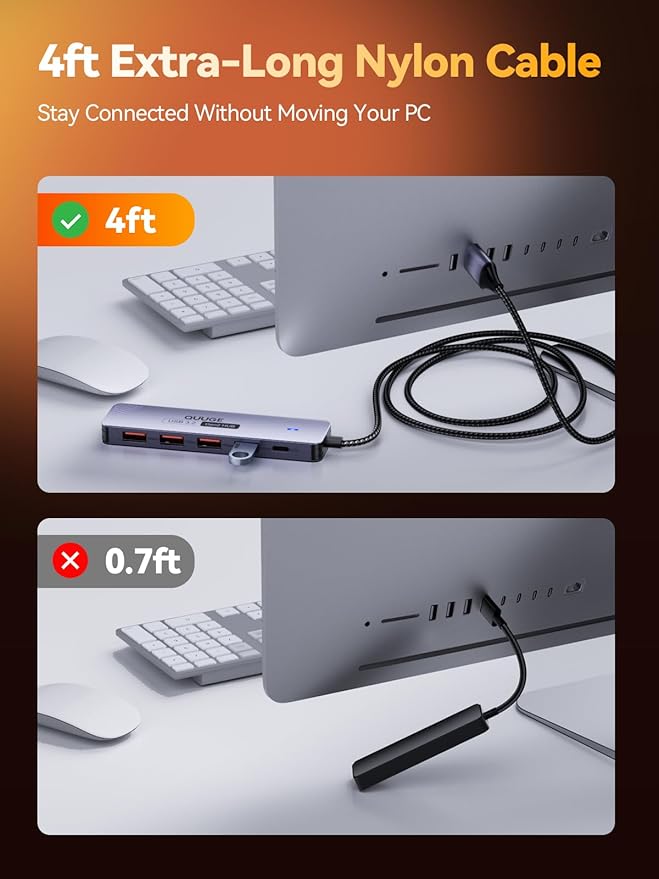 USB 3.2 Gen2 Hub, QUUGE 5-in-1 USB Splitter with 4 USB-A 10Gbps Ports, USB Multiport Adapter with 120cm Nylon Cable, 5V 2A Type-C Power Port for MacBook, Mac Pro, iMac, Laptop, PC, Flash Drive, HDD