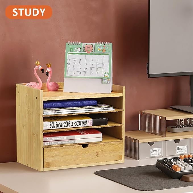 KKTONER 5-Tier Bamboo Desk Organizer with Drawer Tabletop File Organizer Document Holder with Shelf Desktop Cabinet for Home Office School Supplies (Natural)