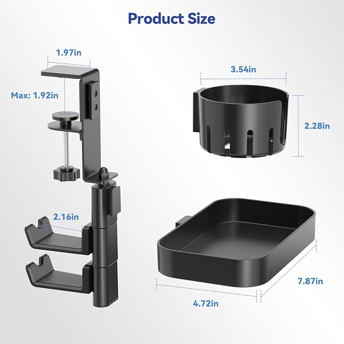 KDD Desk Cup Holder with 2 Headphone Hook - Rotating Pencil Holder & Detachable Drawer Tray - Clamp on Under Desk Headphone Holder Hidden Storage for Office School Home Accessories