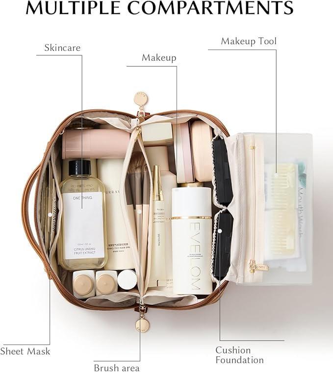 EACHY Travel Makeup Bag, Large Capacity Cosmetic Bag for Women, Waterproof PU Leather, Flat Open Portable Toiletry Bag for Skincare, Brushes & Travel Essentials