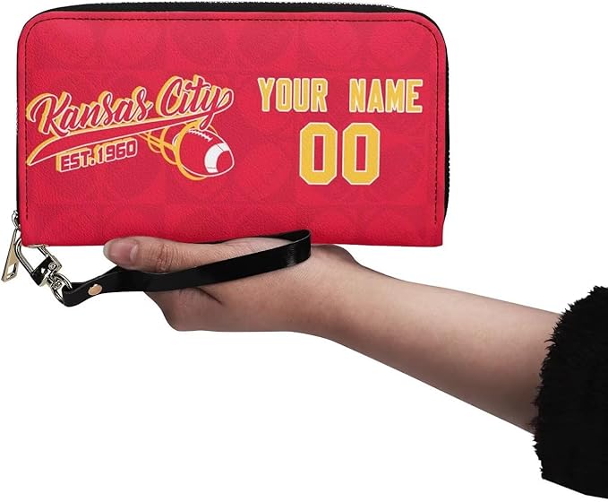 Custom Sports Team Zip Organizer Wallet-Personalized PU Leather Wallet with Name Number,Multi-Card Slots,Wrist Strap,Fan Gift for Men Women.