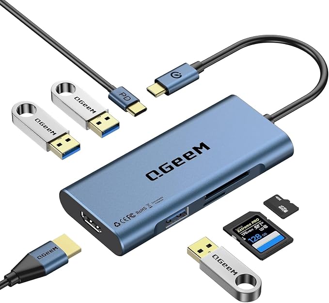 USB C Hub, QGeeM USB 4k to HDMI Adapter, 7 in 1 USB-C Dongle with 100W PD,USB 3.0, Card Reader, Compatible for MacBook iPhone 15/17 Ipad Pro max,Chromebook Laptop USB Type C Dock-Blue