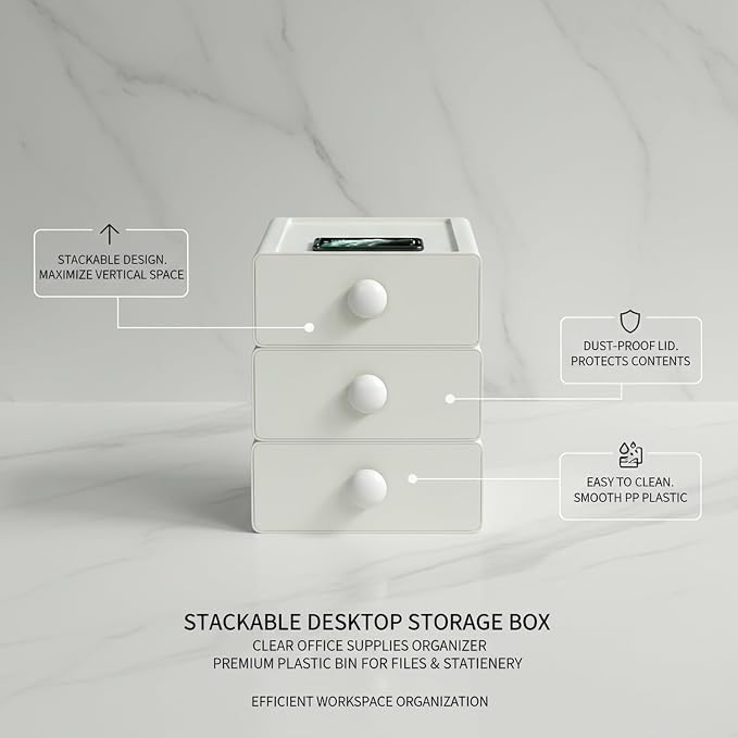 Stackable Desktop Storage Box with Lid, PP Plastic Organizer Bin for Office Desk Clutter, Space Saving File & Supply Container