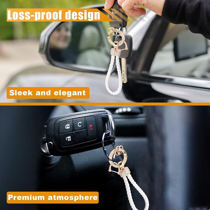 Leather Car Keychain with Bling Rhinestones, Snap Swivel Key Ring, Key Tag Car Key Fob Holder, Key Organizer for Men Women, Anti-Lost D-Ring (White)