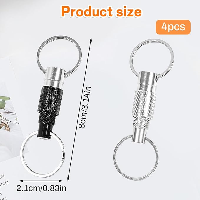 4 Pcs Quick Release Keychain Set – 2 Black & 2 Silver Detachable Pull Apart Key Rings for Keys, Bags, and Heavy Duty Everyday Carry