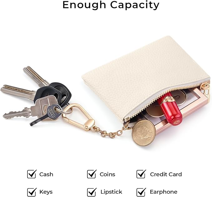 Beige White Keychain Coin Purse for Women, Small PU Leather Change Pouch, Zipper Little Tiny Travel Wallet for Girls, Cute Kawaii Zip Pocket Coin Holder with Key Ring