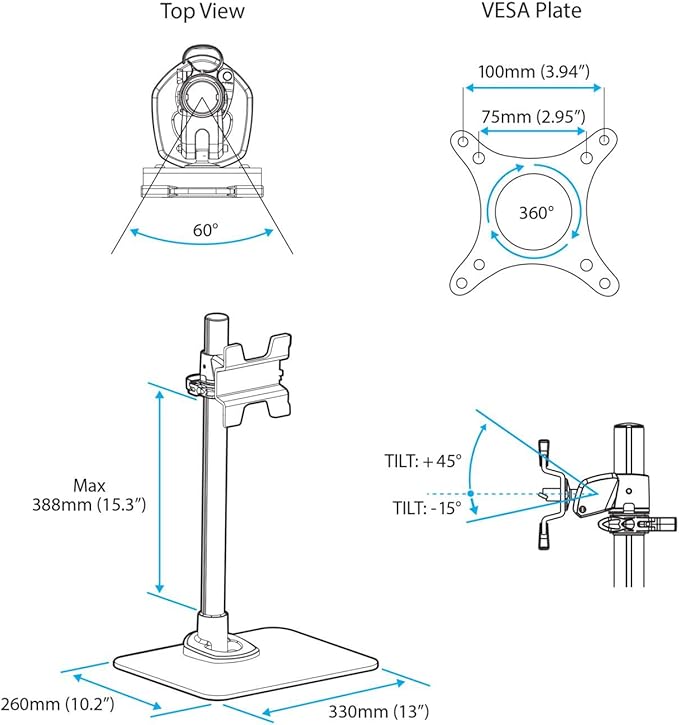 StarTech.com Single Monitor Stand, Adjustable, Supports UHD, iMac and Apple Thunderbolt Displays from 12'' to 34" (30.9lb/14kg), Premium Single Screen VESA Monitor Mount Stand, Silver, TAA