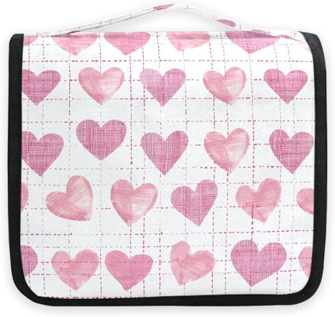 senya Hanging Travel Toiletry Bag Cute Kit Makeup Case Cosmetics Organizer for Men Women (Pink Hearts White Base)