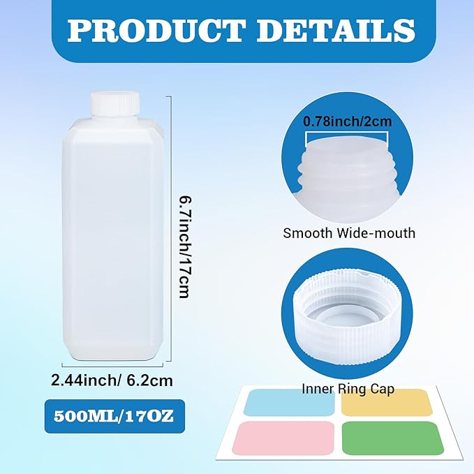 DEMORA 18oz Small Square Plastic Travel Bottles, Reusable Leak Proof Liquid Containers with Caps and Stickers for Pill, Water, Juice (Translucent, 3 Pcs)