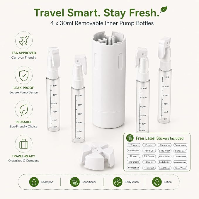 4-in-1 30ML Travel Size Dispenser Toiletries Bottles, Leak-Proof Refillable Containers Dispensers Labels Portable Toiletry Organizer Cup for Shampoo, Lotion, Soap Travel Essentials Green