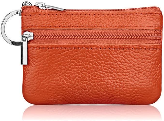 Hibate Orange Small Leather Coin Purse Change Pouch for Women Men Kids with Zip Key Ring