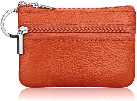 Hibate Orange Small Leather Coin Purse Change Pouch for Women Men Kids with Zip Key Ring