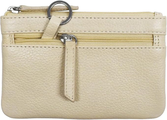 ili New York Mini Leather Coin Purse, Compact Genuine Leather Pouch with Key Ring & RFID Protection, Used for Coins, Keys and Cards, Ideal for Travel and Everyday Carry, Bone