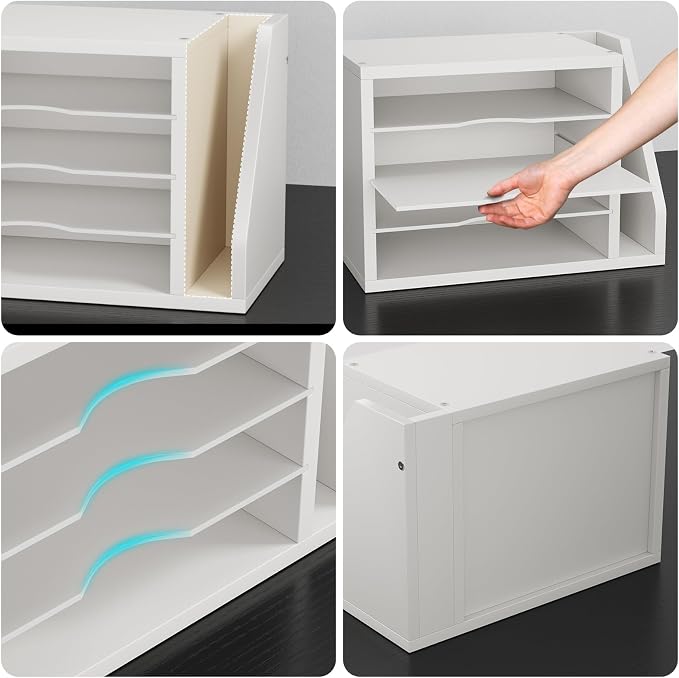 Creso hom Mail Sorter, File Organizer Desktop, Wood Desk Organizer with 3 Adjustable Shelves, Mail Holder for Office, Home, Letter Sorter File Holders for Envelopes, Mail Supplies Magazines, White