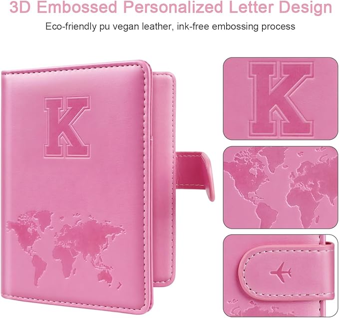 Passport Holder Cover Initail Letter A-Z Travel Wallet Embossed Design RFID Blocking Card Holder Personalized Gift Passport Cover Wallet, Passport Book Holders for Women and Girls, Pink-K
