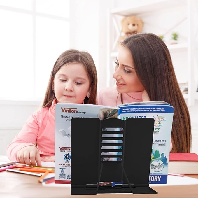 Honagu Book Stand Metal Desk Book Holder, Book Holders for Reading Hands Free, Adjustable Cookbook Documents Holder, Portable Bookstand for Music Books, Textbook, Recipe, Tablet, Ipad (Black)