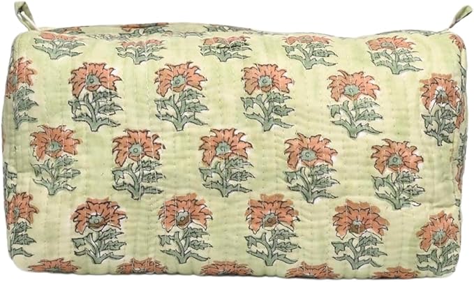 Cotton Hand Block Floral Print Toiletry Bag For Women Make Up Cosmetic Bag Jewelry Organizer Kit Storage Bag Case Travel Accessories Essential Toiletries Purse Open Pouch (Light Green, Set of 1)