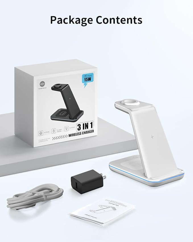 GEEKERA Wireless Charger, 3 in 1 Wireless Charging Station for iPhone Air/17/16/15/14/13/12/11/Pro Max/X/8, Phone and Watch Charger Stand for Apple Watch Ultra 3-2/11-2/SE, AirPods Pro/4/3/2, Silver