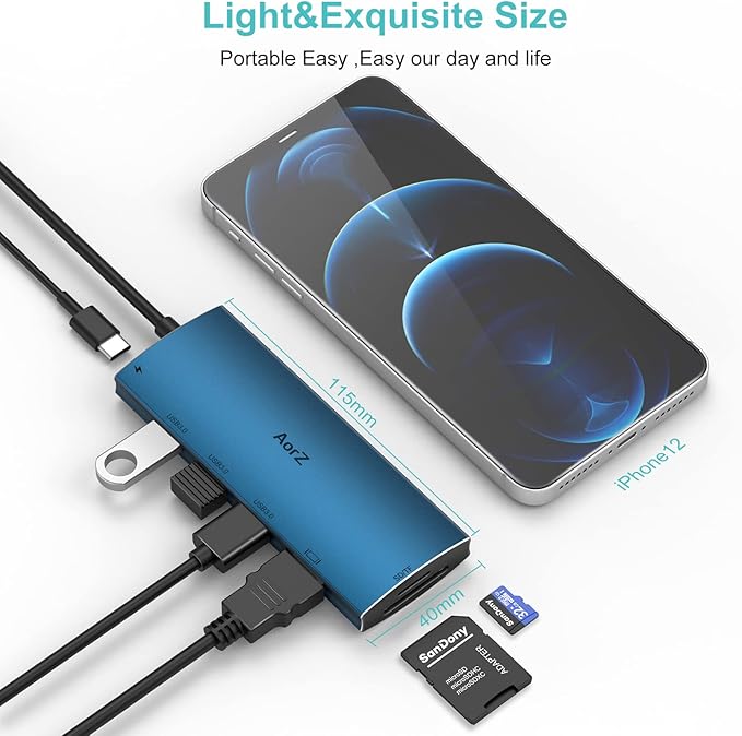 USB C Hub, USB Hub to HDMI Multiport AorZ USB c Dongle Adapter 7 in 1 with 4K HDMI Output,3 USB 3.0 Ports,SD/Micro SD Card Reader,100W PD, Compatible with Macbook,XPS and More Type C Device(Deep Blue)