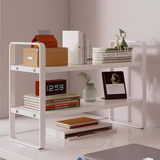 2 Tier Desktop Bookshelf, Office Desk Shelf Organizer, Metal Frame Wood Board Rack, Countertop Bookshelf for Office Supplies Display Rack, for Dorm, Home, School, Office(White,50cm/19.7")