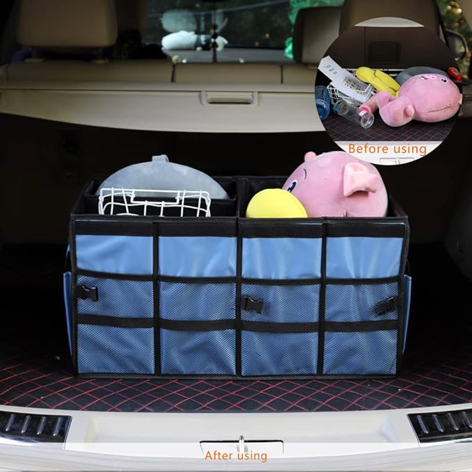 Car Trunk Organizer Collapsible Portable Multi Compartments Organizer with Non Slip Straps for SUV Truck Auto Vehicle Car Auto Minivan(Large without cover, Blue)