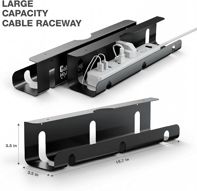 Under Desk Cable Management Tray (2 Pack) - 16" Sturdy Metal Wire Management Under Desk, Under Desk Cable Tray, Holds 15lbs+ Wire Management and Cord Organizer for Home Office Standing Desk - Black
