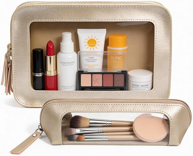 LETGO 2Pack Clear Makeup Bags, Makeup Pouch for Purse Slim Make Up Brush Bag for Girls Car Accessories Essentials for Women(2Pack-Gold Set)