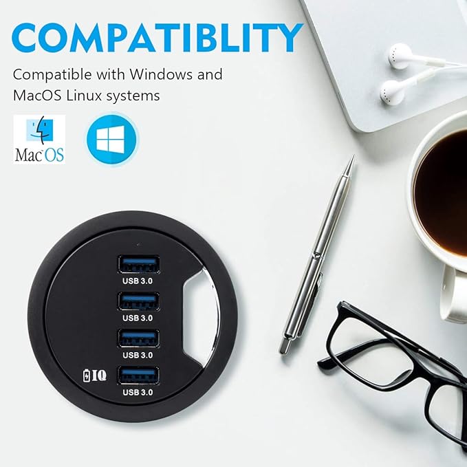 WDX Grommet Hole in Desk USB 3.0 4 Port Hub/BC 1.2 USB Charger, for iPad/Tablet and iPhone/Smart Phones