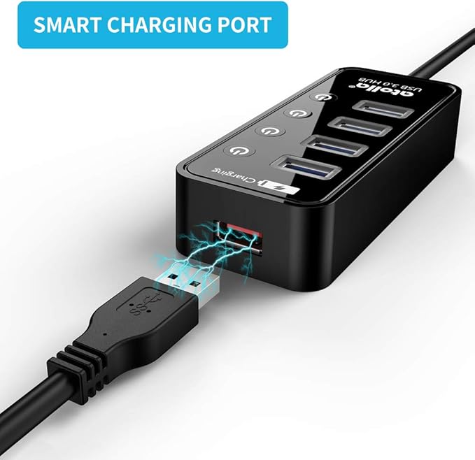 Atolla 4-Port USB 3.0 Hub with 4 Data Ports, 1 Smart Charging Port, Individual On/Off Switches and 5V/3A Adapter