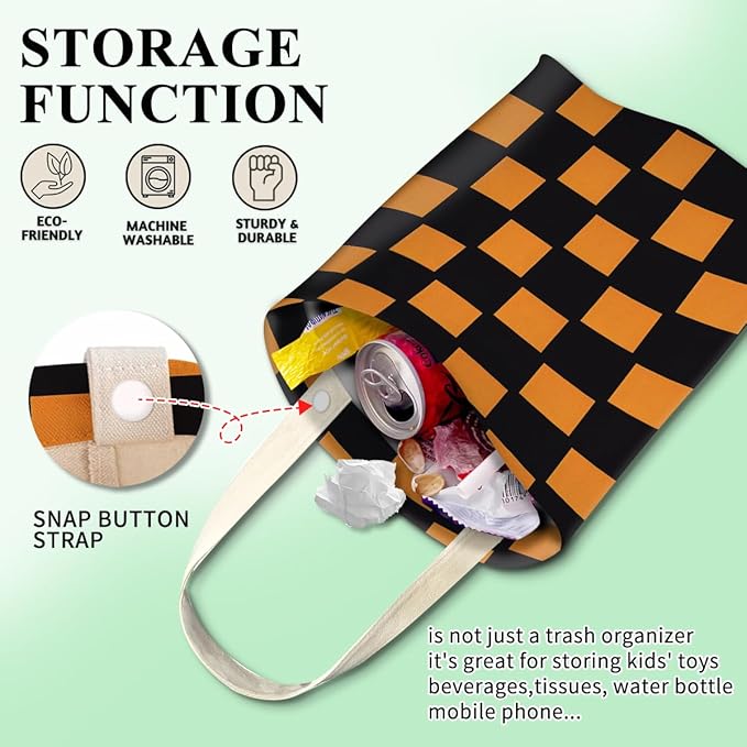 Car Trash Can, Cute Car Trash Bag, Hanging Car Organizer and Storage Bag, Trash Bin for Car Accessories, Vehicle, Travelling, Camping Orange Black Checkerboard