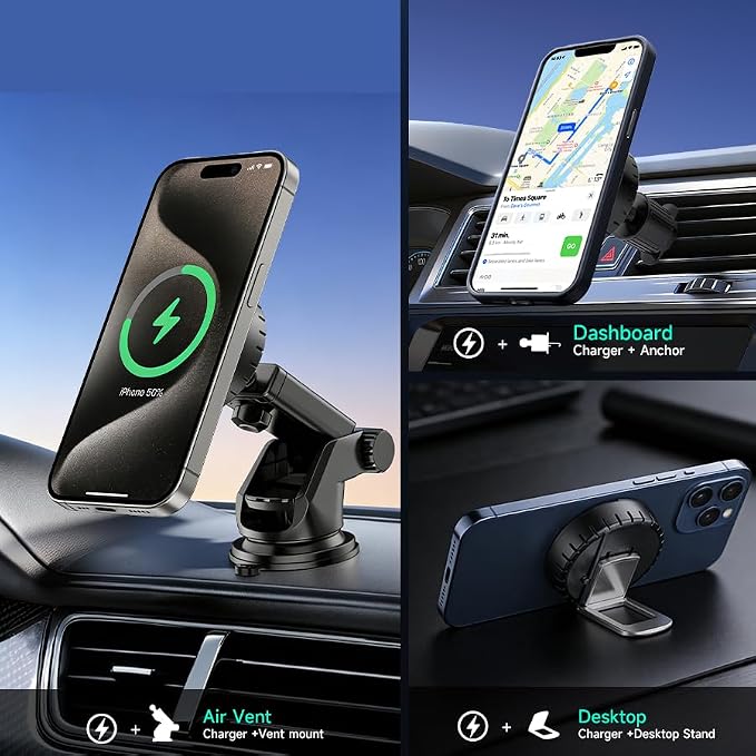 25W for MagSafe Car Mount Charger with Cooling Fan, Qi2.2 Magnetic Car Phone Holder for iPhone, 360° Adjustable Fast Wireless Cars Charging for iPhone 17/16/15/14/13, Air Vent & Dash Mount